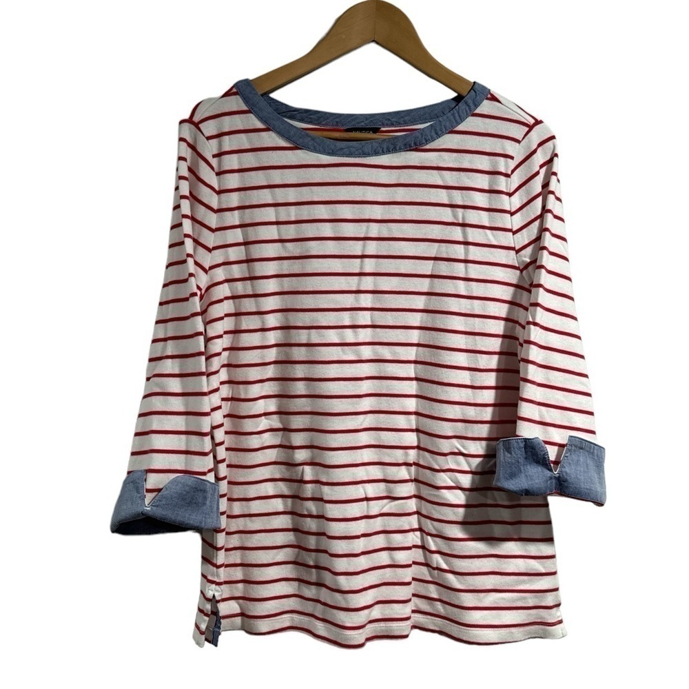 Nautica striped shirt contrasting chambray cuff collar red white blue xl